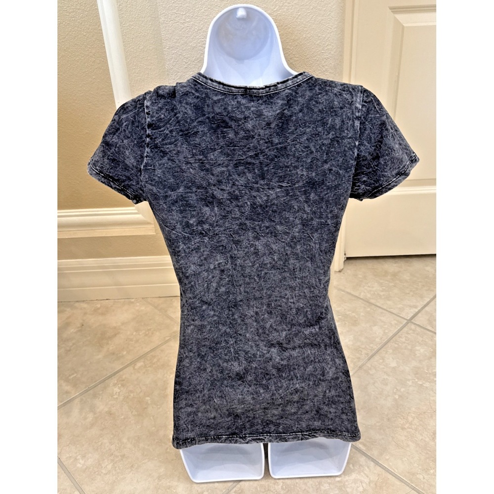 Vintage Y2K Top Acid Wash Tee T-Shirt Large Grunge Rhinestone Cross Wings Gothic - Picture 4 of 9